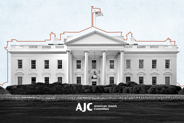 White House graphic with red outline and blue AJC logo