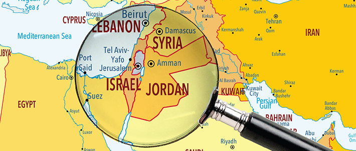 Graphic of a map of the Middle East with a magnifying glass over Israel, Syria, Lebanon, and Jordan