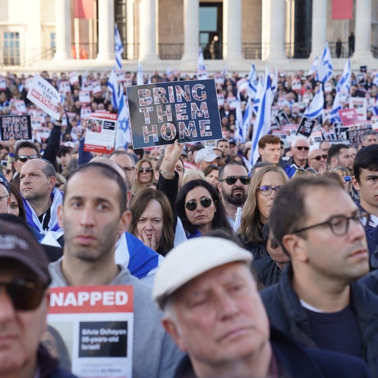 Members of the Jewish community attend a Solidarity Rally in Trafalgar Square, central London, calling for the safe return of hostages and to highlight the effect of the Hamas attacks on Israel. Picture date: Sunday October 22, 2023. (Photo by Lucy North/PA Images via Getty Images)