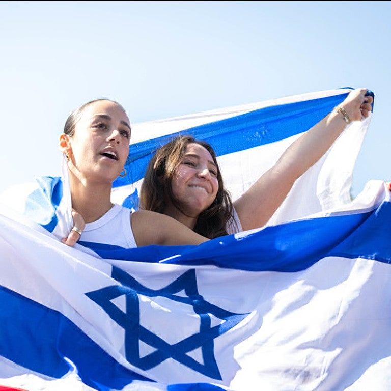 two women each holding and israeli flag, outside in front of a blue sky