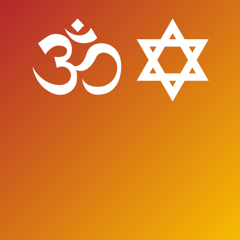 Graphic displaying Hindu and Jewish religious symbols - an Om and a Star of David