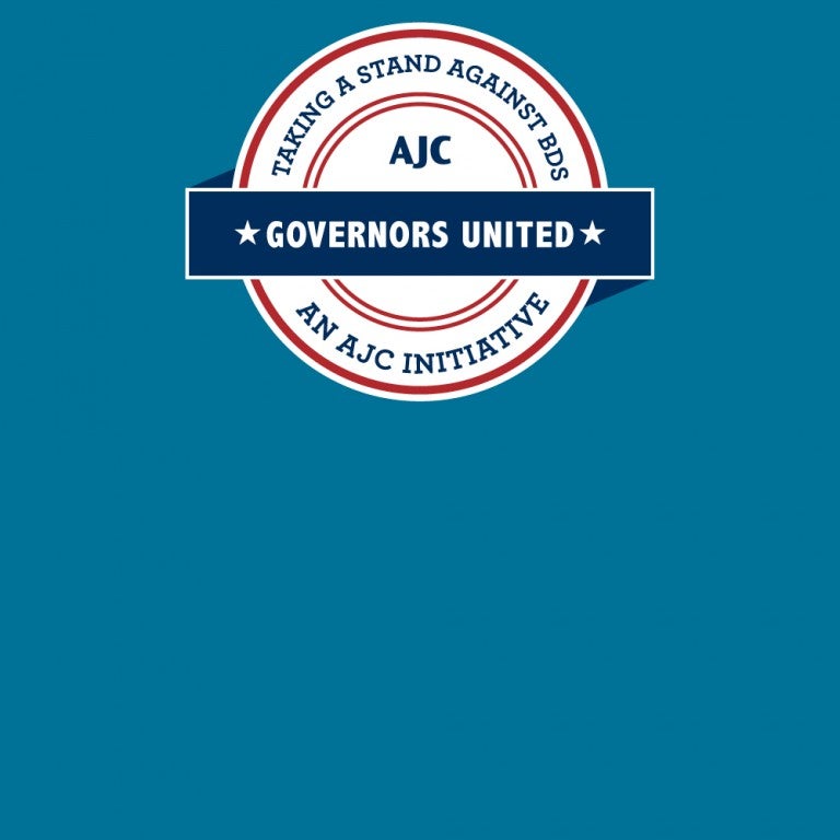Graphic displaying the AJC Governors United logo saying: Taking a Stand against BDS: an AJC Initiative