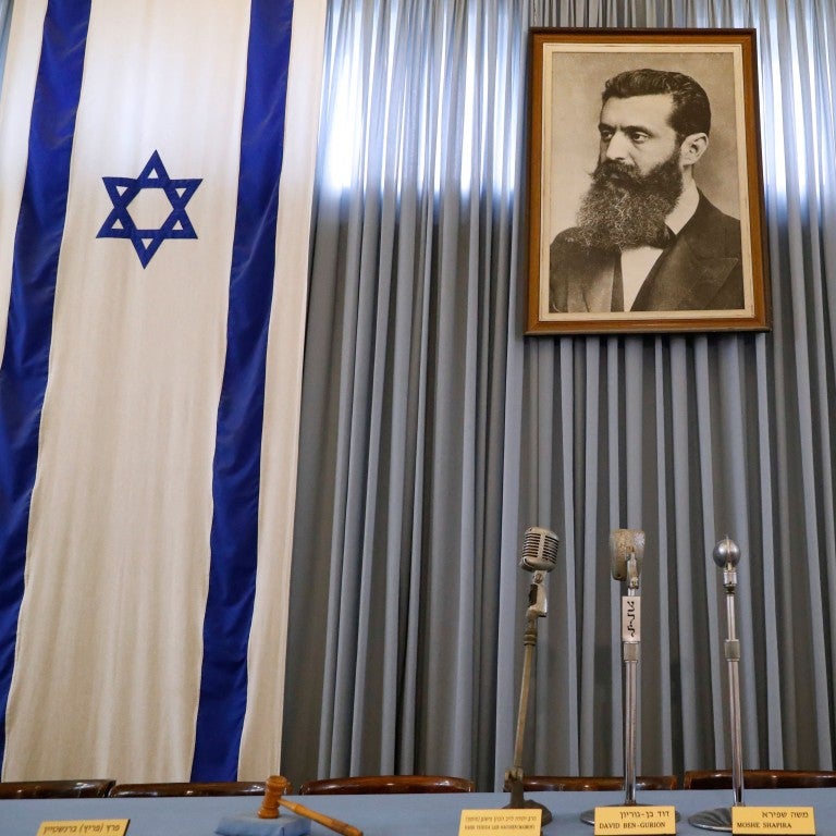 Portrait of Theodor Herzl with two Israeli Flags